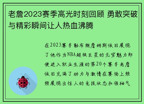 老詹2023赛季高光时刻回顾 勇敢突破与精彩瞬间让人热血沸腾 老詹2023赛季高光时刻回顾 勇敢突破与精彩瞬间让人热血沸腾
