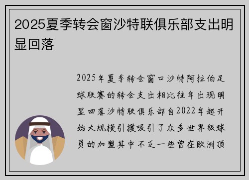 2025夏季转会窗沙特联俱乐部支出明显回落