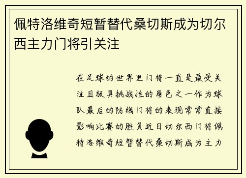 佩特洛维奇短暂替代桑切斯成为切尔西主力门将引关注