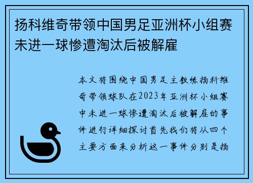 扬科维奇带领中国男足亚洲杯小组赛未进一球惨遭淘汰后被解雇